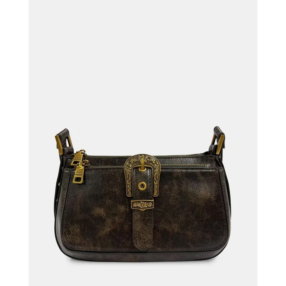 Steve Madden Brown Distressed Faux Leather Western Buckle Shoulder Bag NEW